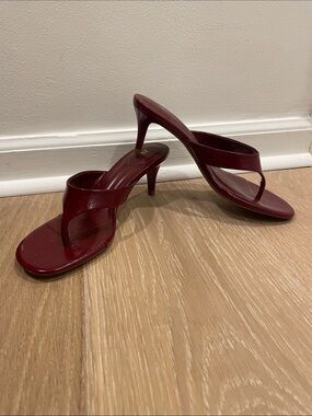 Zara Burgundy Leather Thong-Heel Sandals